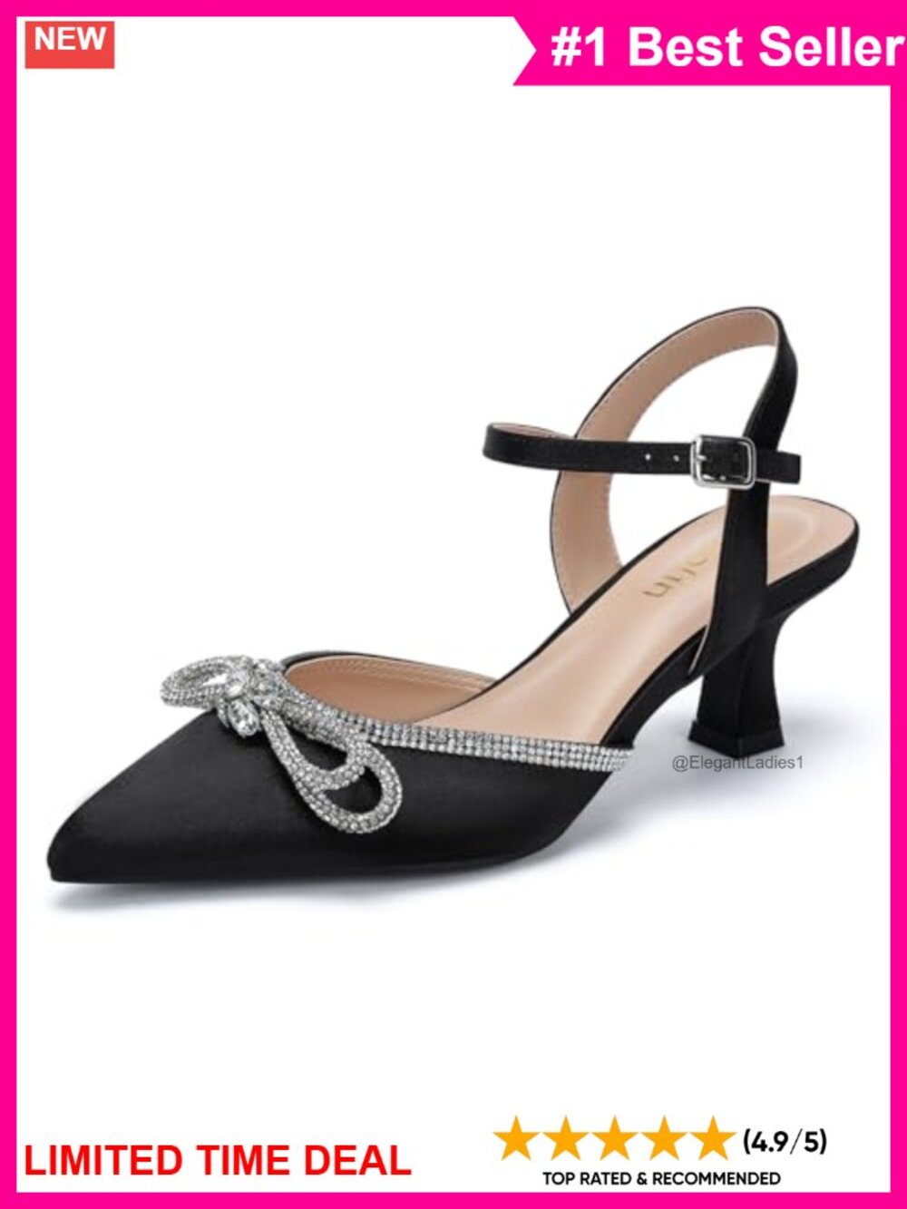Wide Width Kitten Heel Pumps with Rhinestone Bow & Ankle Strap